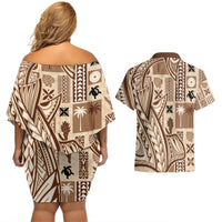 Samoa Tapa Couples Matching Off Shoulder Short Dress and Hawaiian Shirt Siapo Mix Tatau Patterns LT7 - Polynesian Pride