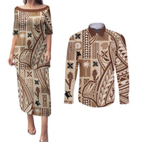 Samoa Tapa Couples Matching Puletasi Dress and Long Sleeve Button Shirt Siapo Mix Tatau Patterns LT7 Beige - Polynesian Pride