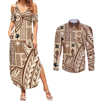 Samoa Tapa Couples Matching Summer Maxi Dress and Long Sleeve Button Shirt Siapo Mix Tatau Patterns LT7 Beige - Polynesian Pride