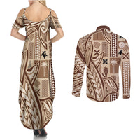 Samoa Tapa Couples Matching Summer Maxi Dress and Long Sleeve Button Shirt Siapo Mix Tatau Patterns LT7 - Polynesian Pride