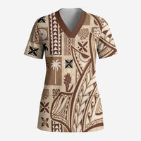 Samoa Tapa Scrub Top Siapo Mix Tatau Patterns LT7 Adult Beige - Polynesian Pride
