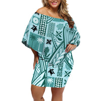 Samoa Tapa Family Matching Off Shoulder Short Dress and Hawaiian Shirt Siapo Mix Tatau Patterns - Teal LT7 Mom's Dress Teal - Polynesian Pride