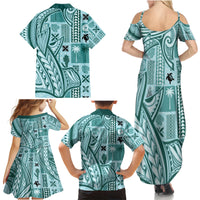 Samoa Tapa Family Matching Summer Maxi Dress and Hawaiian Shirt Siapo Mix Tatau Patterns - Teal LT7 - Polynesian Pride