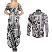 Samoa Tapa Couples Matching Summer Maxi Dress and Long Sleeve Button Shirt Siapo Mix Tatau Patterns - White LT7 - Polynesian Pride