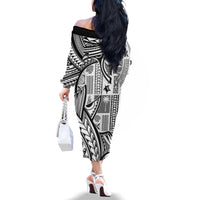 Samoa Tapa Family Matching Off Shoulder Long Sleeve Dress and Hawaiian Shirt Siapo Mix Tatau Patterns - White LT7 - Polynesian Pride