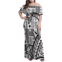 Samoa Tapa Family Matching Off Shoulder Maxi Dress and Hawaiian Shirt Siapo Mix Tatau Patterns - White LT7 Mom's Dress White - Polynesian Pride
