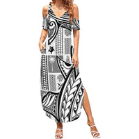 Samoa Tapa Family Matching Summer Maxi Dress and Hawaiian Shirt Siapo Mix Tatau Patterns - White LT7 Mom's Dress White - Polynesian Pride