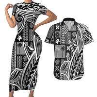 Samoa Tapa Couples Matching Short Sleeve Bodycon Dress and Hawaiian Shirt Siapo Mix Tatau Patterns - Black LT7