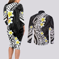 Hawaii Aloha Couples Matching Long Sleeve Bodycon Dress and Long Sleeve Button Shirt Plumeria Vintage - Black LT7 - Polynesian Pride