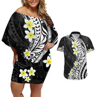 Hawaii Aloha Couples Matching Off Shoulder Short Dress and Hawaiian Shirt Plumeria Vintage - Black LT7 Black - Polynesian Pride