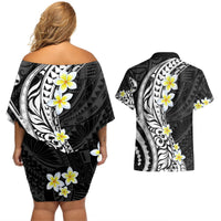 Hawaii Aloha Couples Matching Off Shoulder Short Dress and Hawaiian Shirt Plumeria Vintage - Black LT7 - Polynesian Pride