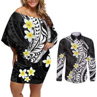 Hawaii Aloha Couples Matching Off Shoulder Short Dress and Long Sleeve Button Shirt Plumeria Vintage - Black LT7 Black - Polynesian Pride