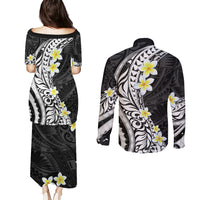Hawaii Aloha Couples Matching Puletasi Dress and Long Sleeve Button Shirt Plumeria Vintage - Black LT7 - Polynesian Pride