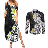 Hawaii Aloha Couples Matching Summer Maxi Dress and Long Sleeve Button Shirt Plumeria Vintage - Black LT7 Black - Polynesian Pride
