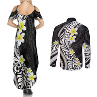 Hawaii Aloha Couples Matching Summer Maxi Dress and Long Sleeve Button Shirt Plumeria Vintage - Black LT7 - Polynesian Pride