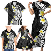 Hawaii Aloha Family Matching Short Sleeve Bodycon Dress and Hawaiian Shirt Plumeria Vintage - Black LT7 - Polynesian Pride