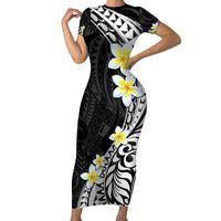 Hawaii Aloha Short Sleeve Bodycon Dress Plumeria Vintage - Black LT7 Long Dress Black - Polynesian Pride