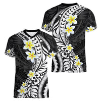 Hawaii Aloha Women V Neck T Shirt Plumeria Vintage - Black LT7 - Polynesian Pride