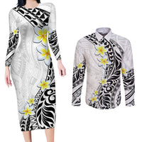 Hawaii Aloha Couples Matching Long Sleeve Bodycon Dress and Long Sleeve Button Shirt Plumeria Vintage - White LT7 White - Polynesian Pride