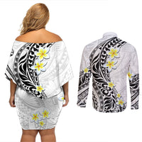 Hawaii Aloha Couples Matching Off Shoulder Short Dress and Long Sleeve Button Shirt Plumeria Vintage - White LT7 - Polynesian Pride