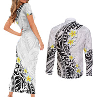 Hawaii Aloha Couples Matching Short Sleeve Bodycon Dress and Long Sleeve Button Shirt Plumeria Vintage - White LT7 - Polynesian Pride