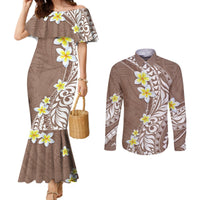 Hawaii Aloha Couples Matching Mermaid Dress and Long Sleeve Button Shirt Plumeria Vintage - Brown LT7 Brown - Polynesian Pride