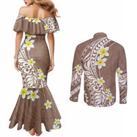 Hawaii Aloha Couples Matching Mermaid Dress and Long Sleeve Button Shirt Plumeria Vintage - Brown LT7 - Polynesian Pride