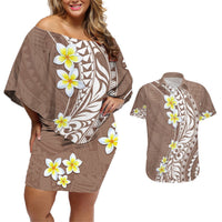 Hawaii Aloha Couples Matching Off Shoulder Short Dress and Hawaiian Shirt Plumeria Vintage - Brown LT7 Brown - Polynesian Pride