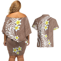Hawaii Aloha Couples Matching Off Shoulder Short Dress and Hawaiian Shirt Plumeria Vintage - Brown LT7 - Polynesian Pride