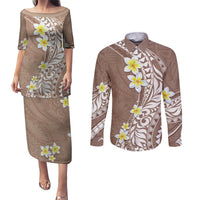 Hawaii Aloha Couples Matching Puletasi Dress and Long Sleeve Button Shirt Plumeria Vintage - Brown LT7 Brown - Polynesian Pride