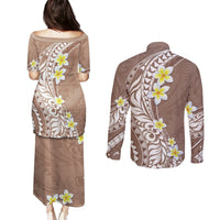 Hawaii Aloha Couples Matching Puletasi Dress and Long Sleeve Button Shirt Plumeria Vintage - Brown LT7 - Polynesian Pride