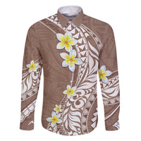 Hawaii Aloha Family Matching Off Shoulder Short Dress and Hawaiian Shirt Plumeria Vintage - Brown LT7 Dad's Shirt - Long Sleeve Brown - Polynesian Pride