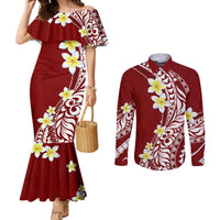 Hawaii Aloha Couples Matching Mermaid Dress and Long Sleeve Button Shirt Plumeria Vintage - Crimson LT7 Crimson - Polynesian Pride