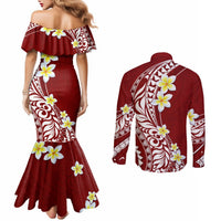 Hawaii Aloha Couples Matching Mermaid Dress and Long Sleeve Button Shirt Plumeria Vintage - Crimson LT7 - Polynesian Pride