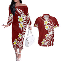 Hawaii Aloha Couples Matching Off The Shoulder Long Sleeve Dress and Hawaiian Shirt Plumeria Vintage - Crimson LT7 Crimson - Polynesian Pride