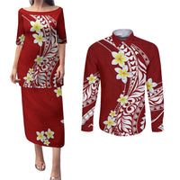 Hawaii Aloha Couples Matching Puletasi Dress and Long Sleeve Button Shirt Plumeria Vintage - Crimson LT7 Crimson - Polynesian Pride