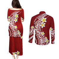 Hawaii Aloha Couples Matching Puletasi Dress and Long Sleeve Button Shirt Plumeria Vintage - Crimson LT7 - Polynesian Pride