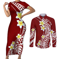Hawaii Aloha Couples Matching Short Sleeve Bodycon Dress and Long Sleeve Button Shirt Plumeria Vintage - Crimson LT7 Crimson - Polynesian Pride