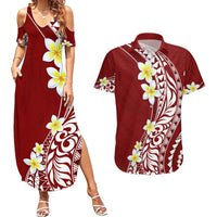Hawaii Aloha Couples Matching Summer Maxi Dress and Hawaiian Shirt Plumeria Vintage - Crimson LT7 Crimson - Polynesian Pride