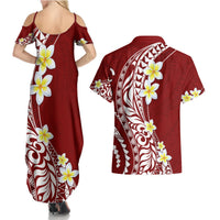 Hawaii Aloha Couples Matching Summer Maxi Dress and Hawaiian Shirt Plumeria Vintage - Crimson LT7 - Polynesian Pride