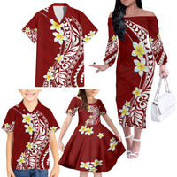Hawaii Aloha Family Matching Off Shoulder Long Sleeve Dress and Hawaiian Shirt Plumeria Vintage - Crimson LT7 - Polynesian Pride