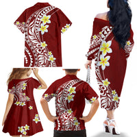 Hawaii Aloha Family Matching Off Shoulder Long Sleeve Dress and Hawaiian Shirt Plumeria Vintage - Crimson LT7 - Polynesian Pride