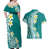 Hawaii Aloha Couples Matching Off Shoulder Maxi Dress and Hawaiian Shirt Plumeria Vintage - Teal LT7 - Polynesian Pride