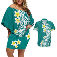 Hawaii Aloha Couples Matching Off Shoulder Short Dress and Hawaiian Shirt Plumeria Vintage - Teal LT7 Teal - Polynesian Pride