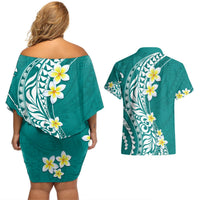 Hawaii Aloha Couples Matching Off Shoulder Short Dress and Hawaiian Shirt Plumeria Vintage - Teal LT7 - Polynesian Pride