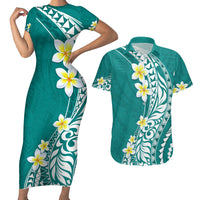 Hawaii Aloha Couples Matching Short Sleeve Bodycon Dress and Hawaiian Shirt Plumeria Vintage - Teal LT7 Teal - Polynesian Pride