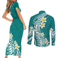 Hawaii Aloha Couples Matching Short Sleeve Bodycon Dress and Long Sleeve Button Shirt Plumeria Vintage - Teal LT7 - Polynesian Pride
