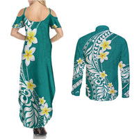 Hawaii Aloha Couples Matching Summer Maxi Dress and Long Sleeve Button Shirt Plumeria Vintage - Teal LT7 - Polynesian Pride