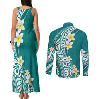 Hawaii Aloha Couples Matching Tank Maxi Dress and Long Sleeve Button Shirt Plumeria Vintage - Teal LT7 - Polynesian Pride