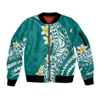 Hawaii Aloha Sleeve Zip Bomber Jacket Plumeria Vintage - Teal LT7 Unisex Teal - Polynesian Pride
